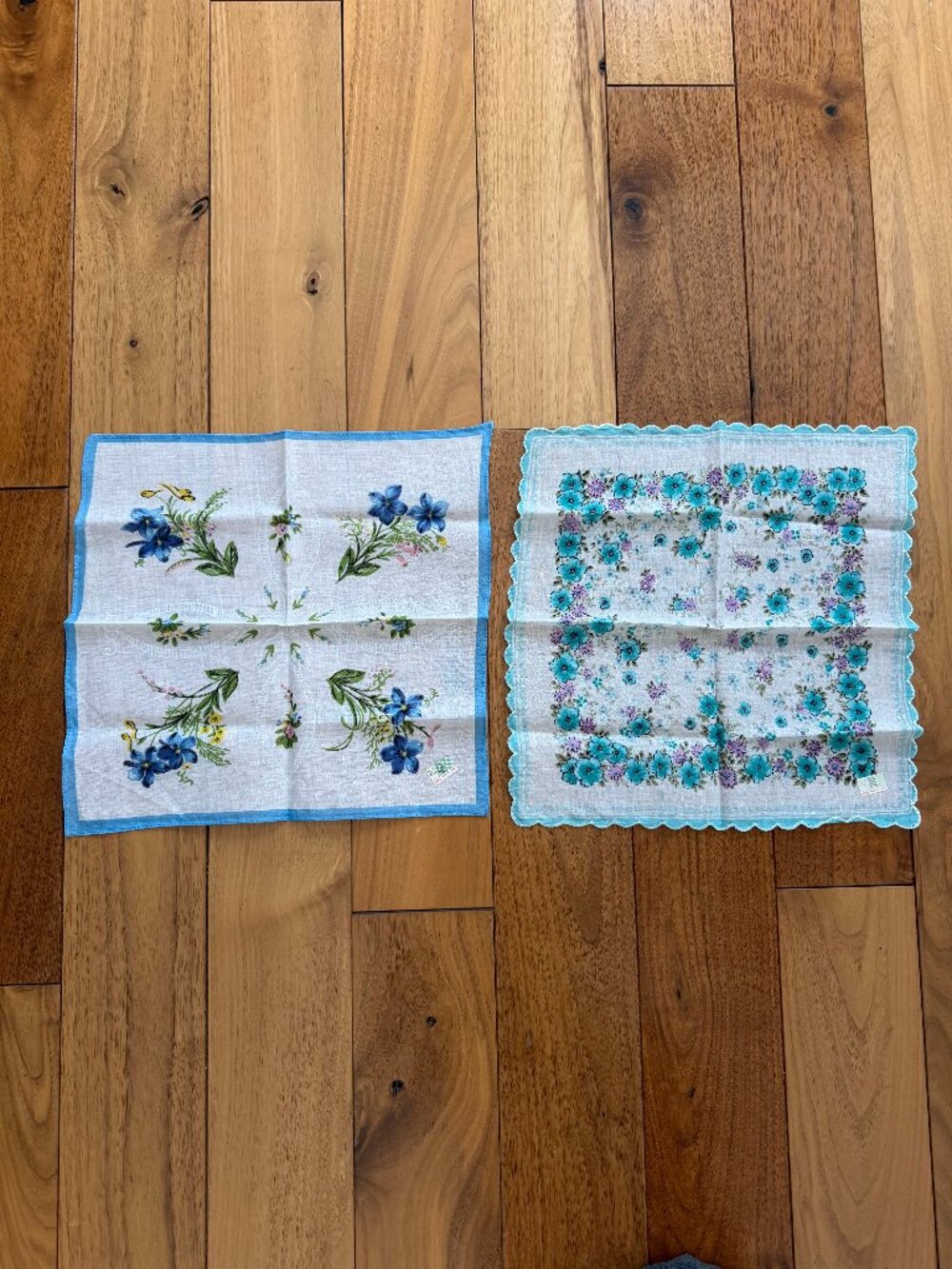 Vintage 80s Floral Handkerchief Set of 2 Blue Cotton Hankies Cottagecore